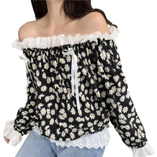 Ruffles Blouse Women Flare Sleeve Tops Shirts Female Sexy Slash Neck Loose Casual Lace Blouse Hollow Out Street Wear 2020 New