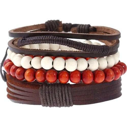 Red White Beads Retro Beaded Women New Brown Vintage Casual Handmade Woven Leather Bracelets Men Jewelry Wholesale Accessories