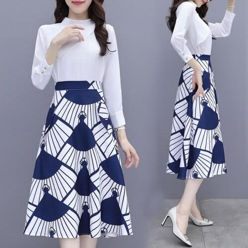 Fall Chic Long Sleeve Print 2 Piece Set Women Fashion Vintage Office Lady Skirt Sets Female Office Lady Clothes