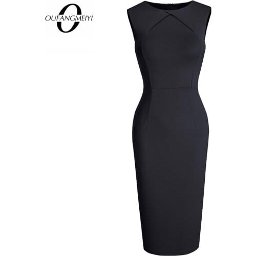 Women Business Elegant Pure Color O Neck Sleeveless Lady Slim Office Pencil Knee Length Dress EB636