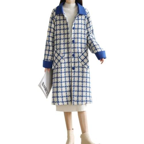 2020 autumn and winter new loose fashion large size womens single-breasted woolen coat plaid mid-length straight coat Pockets