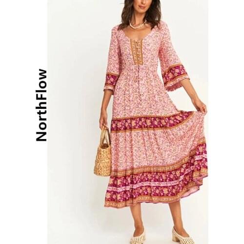 Northflow Women Dress Bohemian Print Panelled Three Quarter De Fiesta Party Dress Vestidos Robe Femme