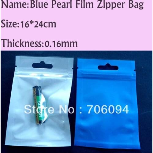 200PCS 16*24cm Pearl Blue Zipper Plastic bag with Butterfly hole/euro hole,Pearl film Plastic bag,Zipper Package Bag