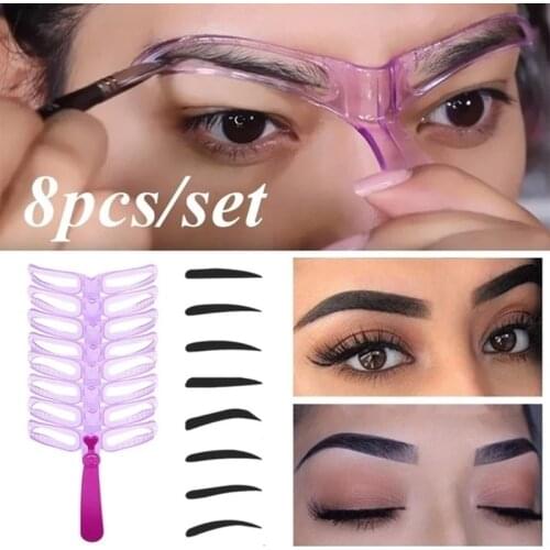 8 Pcs Eyebrow Stencils with Handle and Strap Washable Reusable 8 Styles Eyebrow Template Beginner Makeup Auxiliary Tools