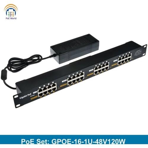 GPOE-16-1U-48V120W PoE injector set Gigabit poe injector with 48V 120W power adapter two DC power input