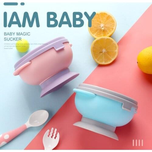Baby feeding bowl with lid food grade silicone childrens feeding bowl sucker anti-slip learning to eat training tableware