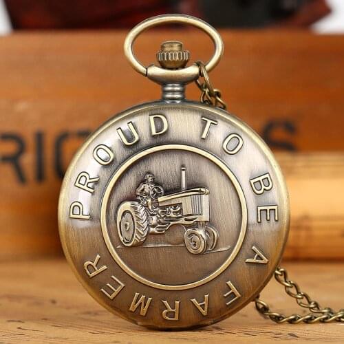 Retro Bronze "Proud To Be A Farmer " Tractor Quartz Pocket Watch Steampunk Necklace Pendant Quartz Fob Watches for Men Women