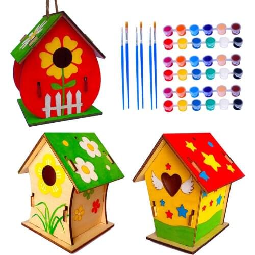3 Sets DIY Creative Activities Wooden Arts Crafts Birdhouse Bird House with Brushes Paints for Kids Children Toddlers Home
