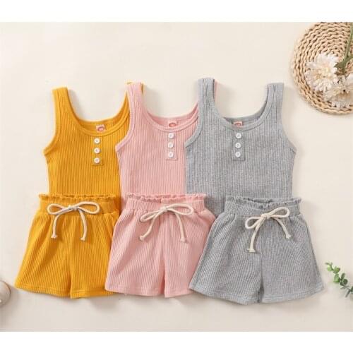 Childrens summer sportswear solid color ribbed round neck vest + elastic waist shorts