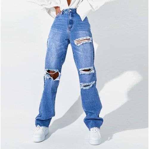 Spring Autumn High Waist Holes Jeans Women Blue Slim Ripped Denim Pants Streetwear Wash Cotton