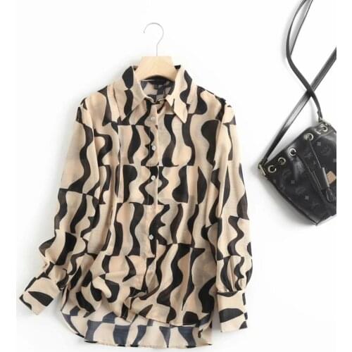 Dave&Di england style office lady Geometric pattern printing elegant linen blouse women blusas mujer de moda 2020 loose shirt