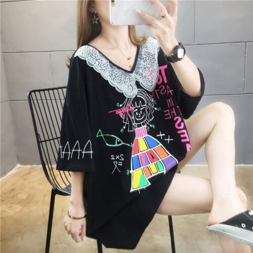 Summer cotton mid-length lace stitching short-sleeved T-shirt female cartoon print mid-length round neck T-shirt