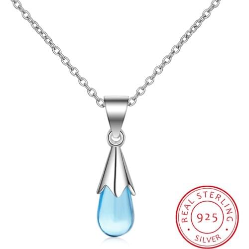 Literary Artificial Blue Crystal Water Drop Necklace 925 Sterling Silver Clavicle Chain Necklace For Women Girl S-N292