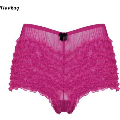 TiaoBug Men Adult Sexy Lace Ruffle Dance Shorts Elastic Waist Translucent Boxer Underwear For Dance Practice