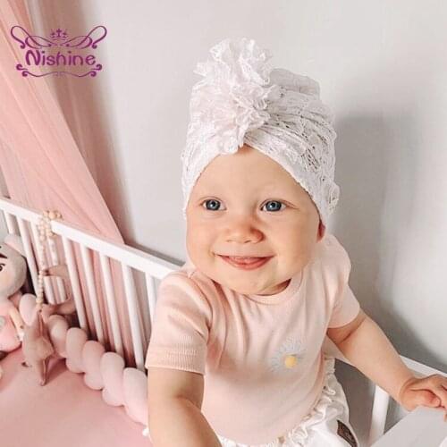 Nishine 18*16 CM Lace Flower Baby Girls Hats Solid Color Cockscomb Elastic Caps Newborn Beanie Kids Headwear Clothing Ornaments