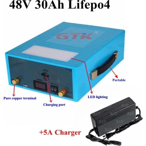 Rechargeable 48V 30Ah Lifepo4 lithium battery pack with BMS for 2000W e scooter motorcycle go-kart solar system +3A Charger