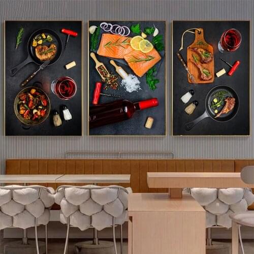 Western Steak Barbecue Restaurant Fish Posters Salmon Canvas Paintings Modern Food Pirnts Wall Art for Dining Room Kitchen Decor