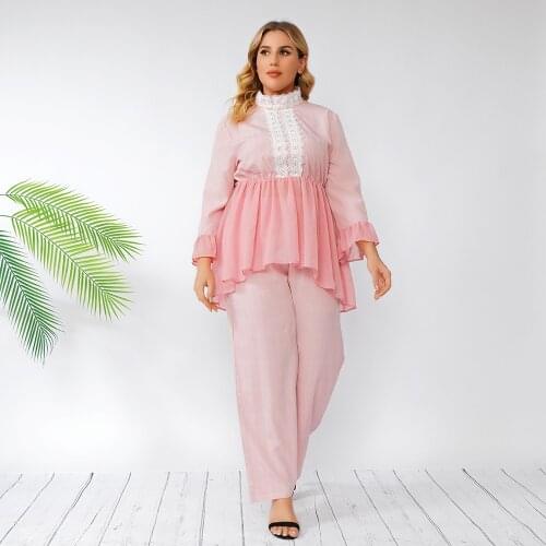 Casual Plus Size Suit Two Piece Women Matching Set Fashion 2 Piece Chiffon Lace Ruffles Long Sleeve Top Wide Leg Pants Outfits
