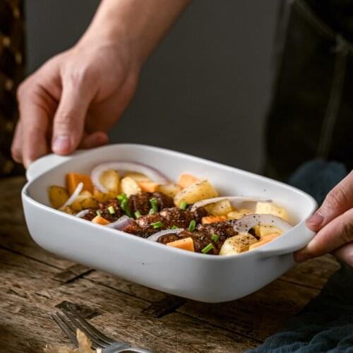 24CM Rectangular Ceramic Baking Pan Binaural Baked Rice Bowl Oven Plate Household Salad Deep Soup Plate Japanese Bakeware