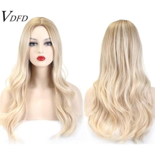 VDFD Light Golden Blonde Platinum Wig with Bangs Ombre Long Natural Wave Synthetic Hair Curly Cosplay for Women Daily Heat Safe