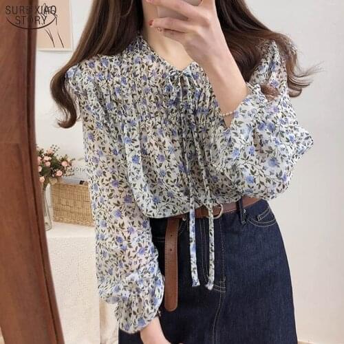 2021 Spring Casual Blouses Women Floral Print Chiffon Shirts Cardigan Ladies Tops Fashion Korean Puff Sleeve Blouse Bow Blusas