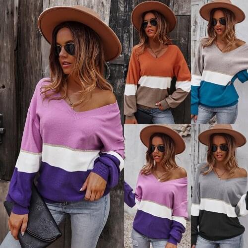 2021 New Knitted Long Sleeve Women Sweater Fanshin Patchwork Contrast Color Autumn Winter Casual Warm Ladies Pullovers Top
