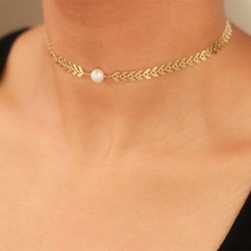 Gold Silver Color Chain Leaf Pearl Choker Necklace For Women Fish Bone Chocker Necklaces colar collier femme harajuku Jewelry