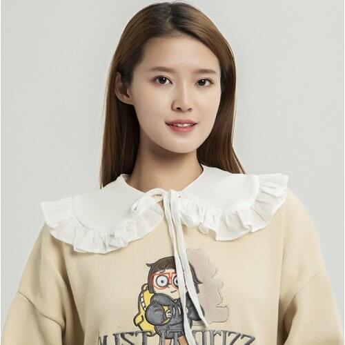 White Shawl Doll False Fake Collar for Women Girls Ruffled Trim Detachable Half Shirt Lapel Blouse Lace-Up Bandage Scarf