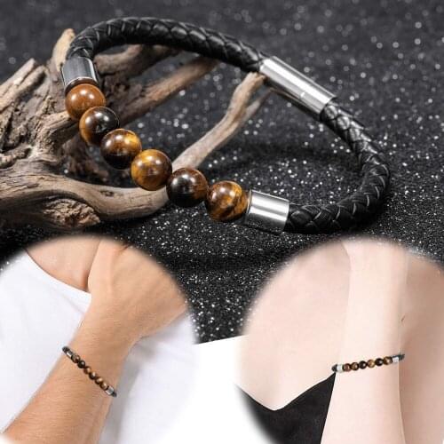 New Charm Men Woman Stone Bracelets Natural Stone Genuine Leather Bracelet for Women and Mens Stainless Steel Jewelry Pulseras