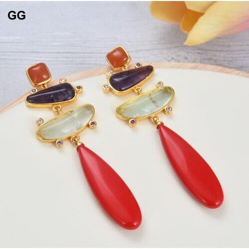 GuaiGuai Jewelry Natural Amethysts Prehnites Red howlite Cz pave gold color plated Dangle Earrings romantic style women party