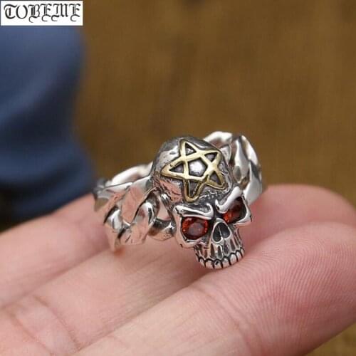 Handmade 100% 925 Silver Skull Ring Sterling Star Ring Man Ring Punk Jewelry
