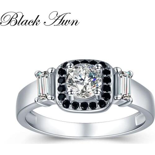 [BLACK AWN] 3.2g 925 Sterling Silver Fine Jewelry Wedding Rings for Women Black&White Stone Engagement Ring C414