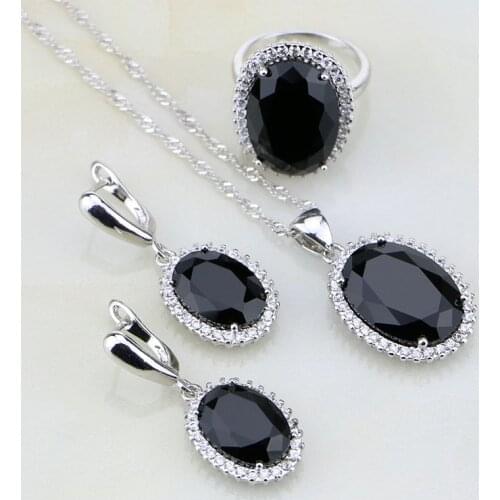 Round Shaped Black Stones White Zircon Sterling Silver Jewelry Sets For Women Wedding Earrings/Ring/Pendant /Necklace