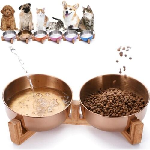 Pet bowl stainless steel cat and dog bowl with wooden stand pet food water bowl cat and dog food feeder puppy pet feeding bowl