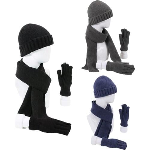 Men Women Winter 3 Pieces Beanie Hat Long Scarf Gloves Set Solid Color Knitted Cuffed Skull Cap Cold Weather Windproof Neck War