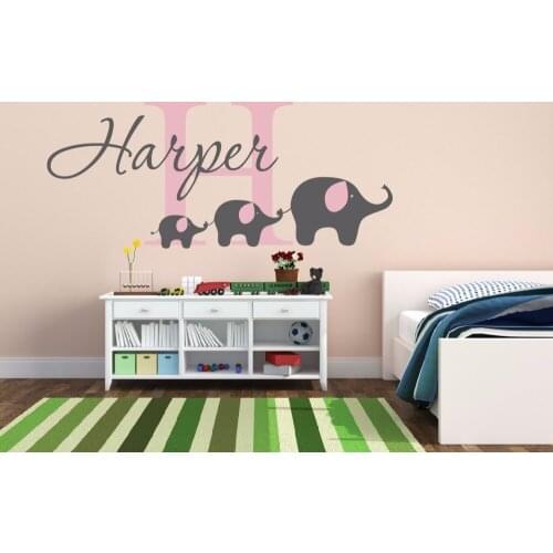 Elephant Family Wall Decal Personalized Customized Baby Name Wall Sticker Elephant Decor Kids Bedroom Playroom Vinyl Murals A560