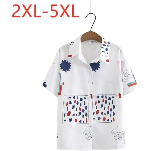 New 2021 Ladies Summer Plus Size Tops For Women Large Blouse Short Sleeve Loose Casual White Print Chiffon Shirt 2XL 3XL 4XL 5XL