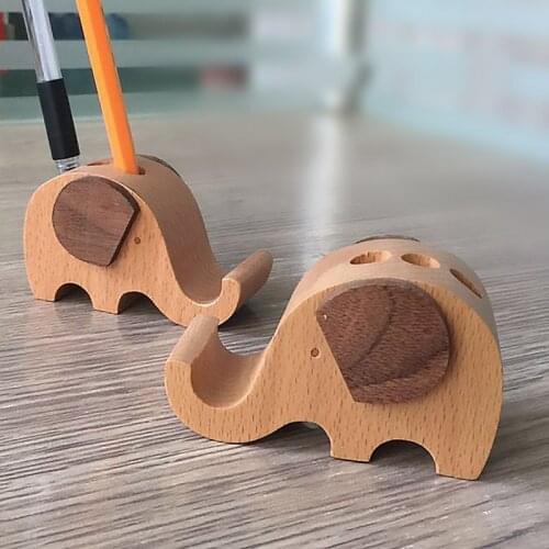Wholesale Portable Solid Wood Elephant Figurine Mobile Phone Holder Stand Base Three Pencil Container Practical Accessories
