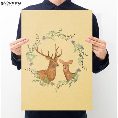 Nordic style deer Kraft Animal Paper Poster Home Room Bedroom Wall Decoration Painting Core 50.5x35cm