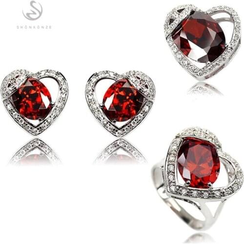 SHUNXUNZE Vintage Wedding jewelry sets for women Heart Love Pink blue Red Cubic Zirconia Rhodium Plated R852set R855set R858set