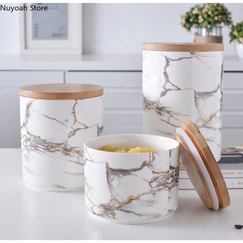 Nordic Ceramic Storage Jar Marble Grain Wooden Cover Sealed Jar Handicraft Luxury Home Storage Supplies/Kitchen Grain Dispenser