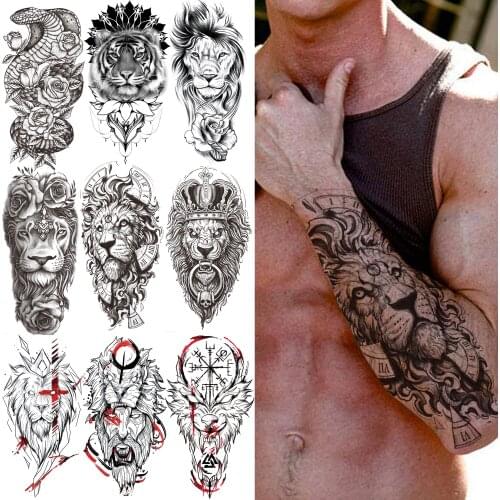 Black Lion Temporary Tattoo For Men Women Adult Kids Tiger Snake Compass Tattoos Sticker Fake Flower Demon Tribal Crown Tatoos