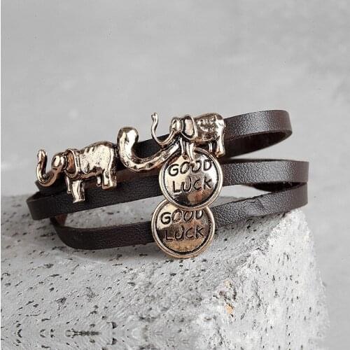 Vintage Multi Layer Leather Bracelet Alloy Elephant Letter Pendant Bracelet Men Women Popular Street Shoot Jewelry Travel Gift