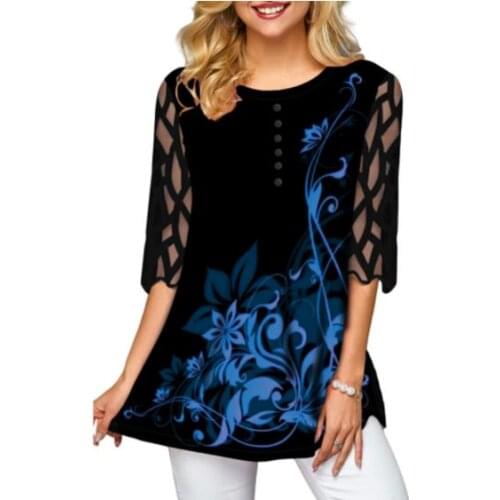 Shirt Blouse Plus Size 5xl Solid Black Tops O-neck splice Mesh Lace Half Sleeve Spring Summer Casual Loose Women Shirt