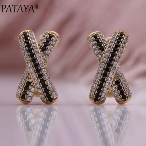 PATAYA New Unique Letter X Dangle Earrings Women Winter Fashion Jewelry 585 Rose Gold Black White Natural Zircon Wedding Earring