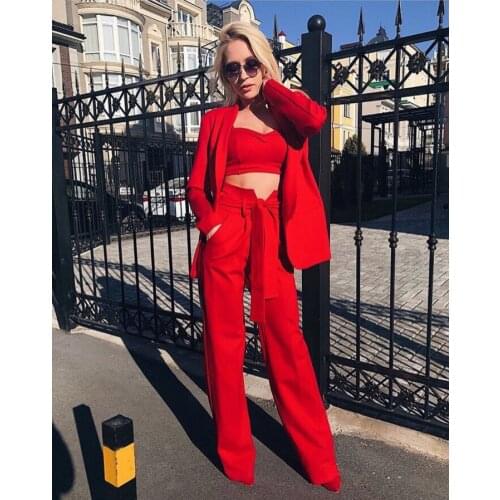 Sexy Red White Black 2 Piece Suit Women Sexy Crop Top Pant Suits Blazers Coat Set