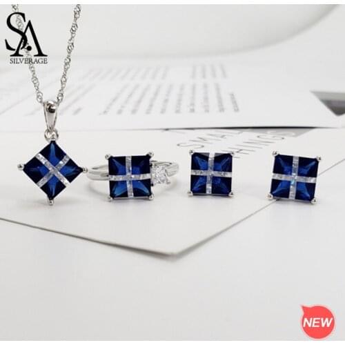 SA SILVERAGE 925 Sterling Silver Gift Box Shape Stud Earrings Pendant Necklace Rings Jewelry Sets Woman 925 Sterling Silver Set