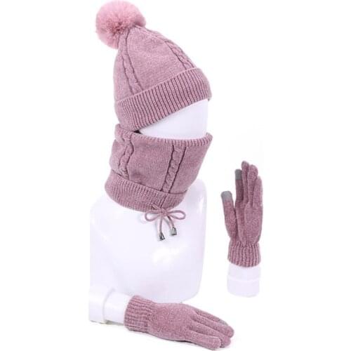 Winter Warm Knitted Thick Skullies Beanies With Lining Scarf Gloves Sets Pom Pom Beanie Hat Ring Scarf And Touch Screen Gloves