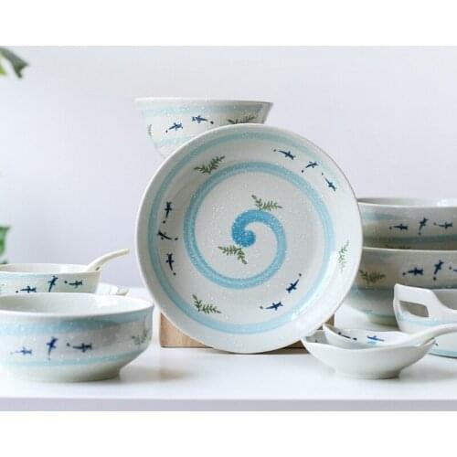 1pc Goldfish Dinner Plate Japanese Style Ceramic Bowl Dinner Dishes with Handle Rice Noodle Bowl Fish Dinnerware set