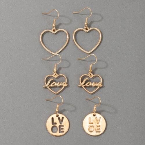 HuangTang 3pair/set Vintage Hollow Heart Drop Earrings Set for Women Charms Letter Earrings Parent Child Festival Jewelry Gift